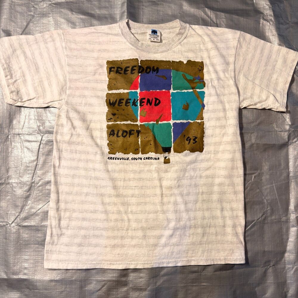 Vintage 90s Hot Air Balloon T Shirt Mens XL Single Stitch USA 1993 Striped Gray